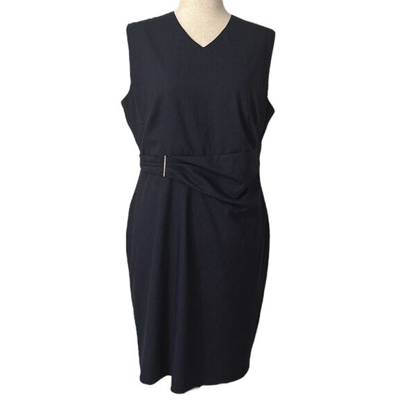 HUGO BOSS Women’s Dakirsa Stretch Wool Pleated Logo Trim Waist Dress 14US Navy - Picture 1 of 15